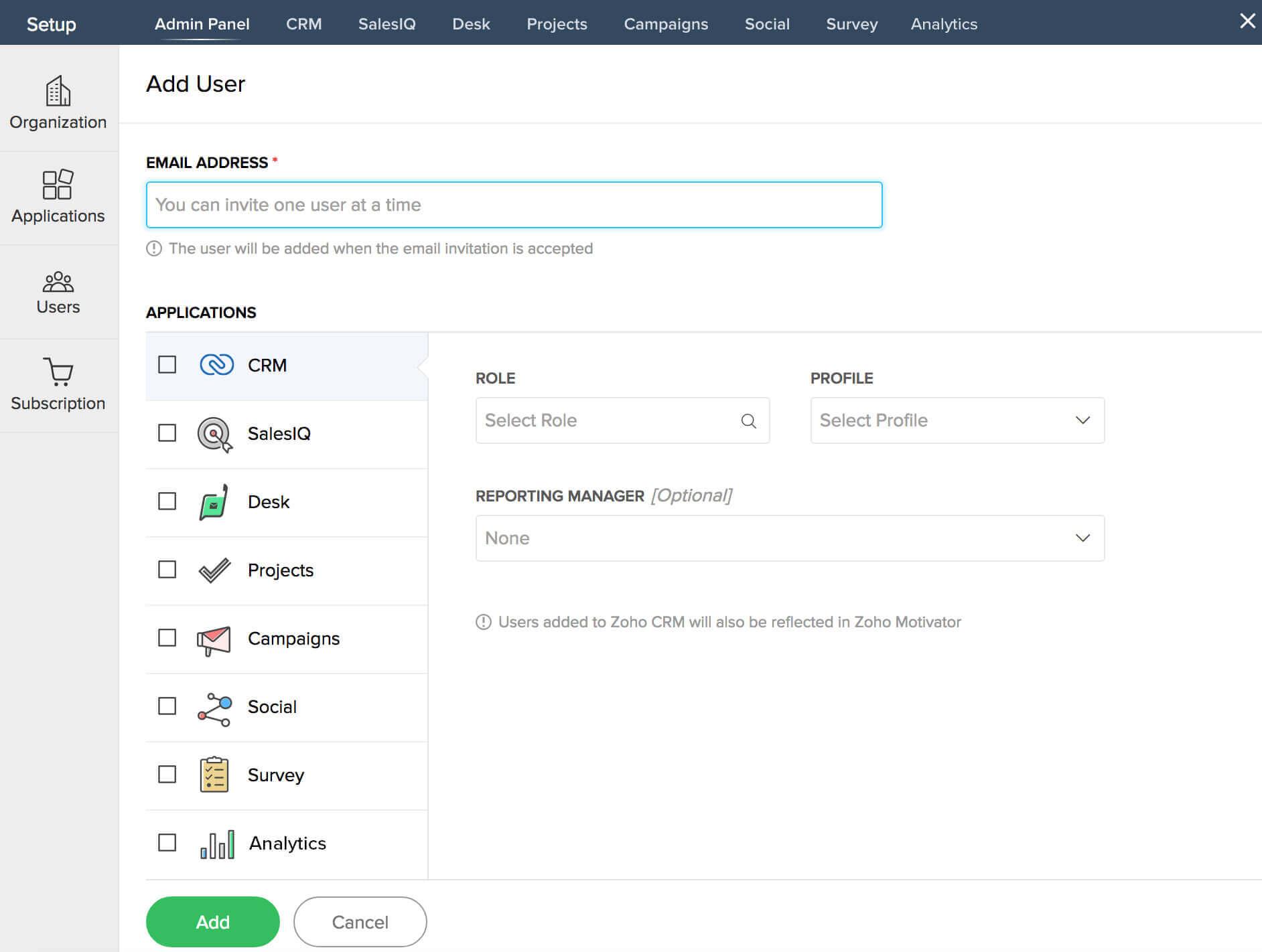 Zoho CRM: Adding users